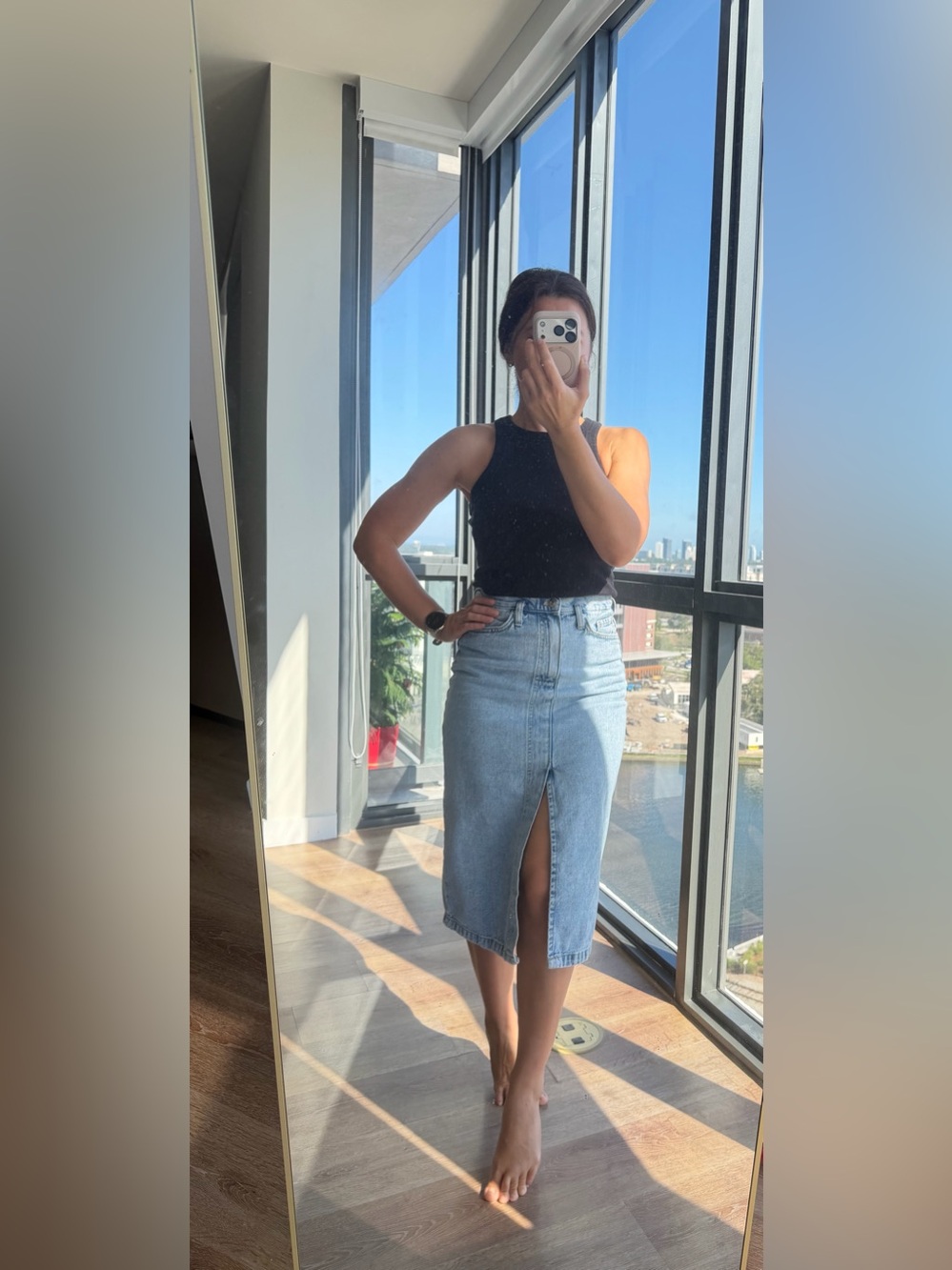 Mango Light Blue Denim Midi Skirt with Front Slit